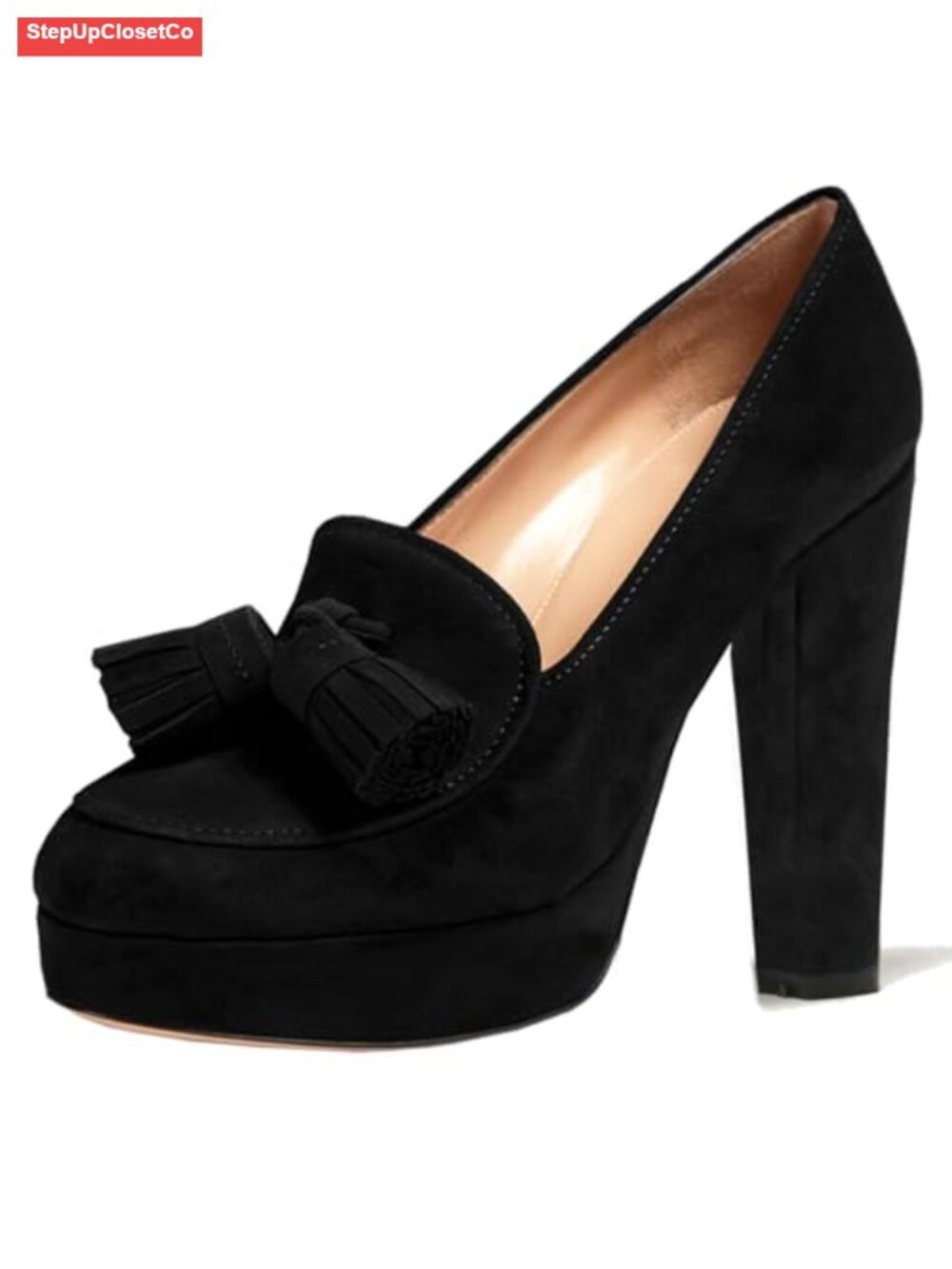 Vintage Chunky Platform Loafers Pumps Tassel Round Closed Toe Slip On Suede